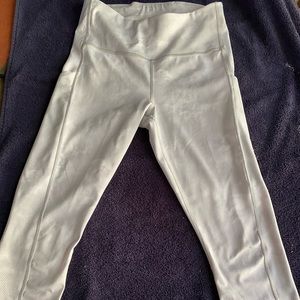 White  Athleta tights, butt-lift seams, pockets